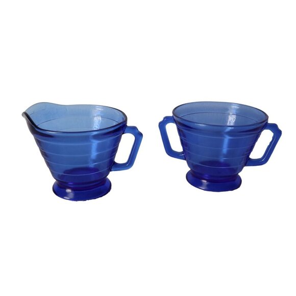 Vintage Moderntone Cream and Sugar Set Cobalt Blue 1930's Hazel Atlas - Picture 2 of 4